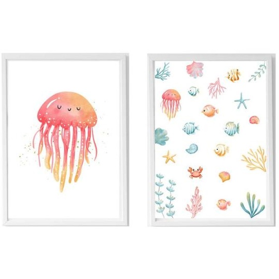 Lot 2 Cadres Muraux Enfant Méduse Et Animaux Marins Multi Coloured