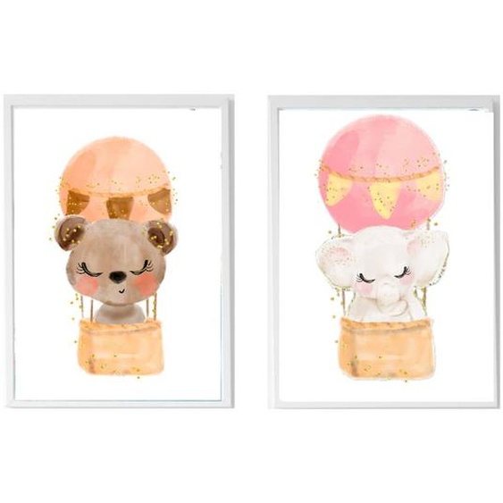Lot 2 Cadres Muraux Enfant Ours + Éléphant Multi Coloured