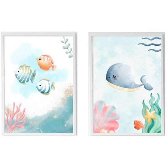 Lot 2 Cadres Muraux Enfant Poissons Et Baleine Multi Coloured