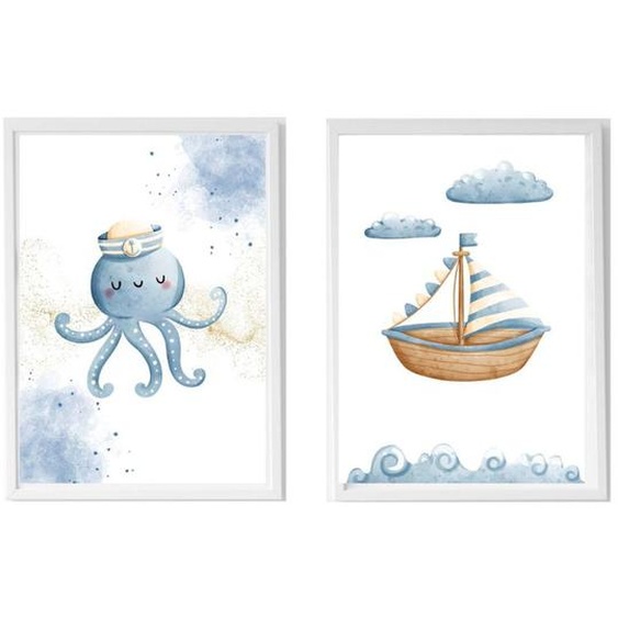 Lot 2 Cadres Muraux Enfant Poulpe Et Bateau Multi Coloured