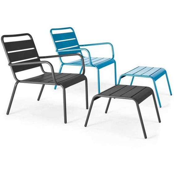 Lot 2 fauteuils relax avec repose-pieds métal gris et bleu pacific