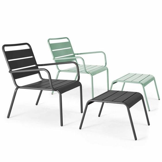 Lot 2 fauteuils relax avec repose-pieds métal gris et vert sauge Palavas Oviala