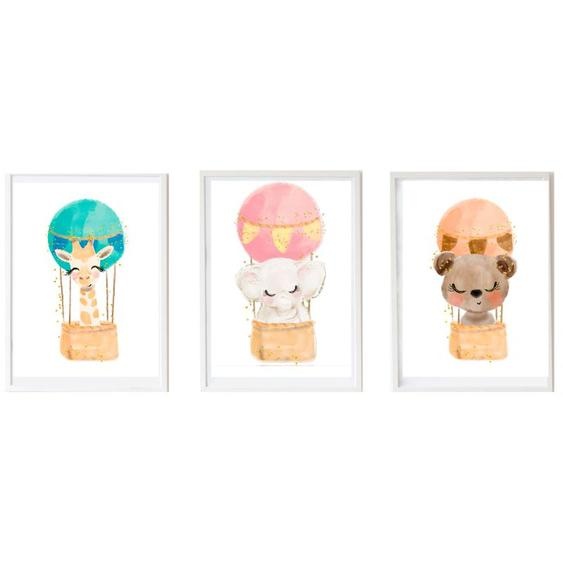 Lot 3 Cadres Muraux Enfant Éléphant + Girafe + Ours Multi Coloured