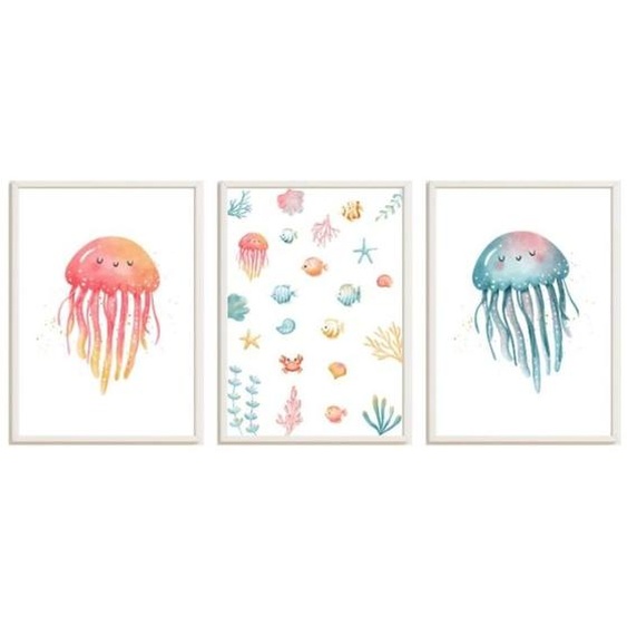 Lot 3 Cadres Muraux Enfant Méduses Et Océan Multi Coloured
