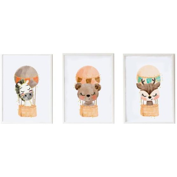 Lot 3 Cadres Muraux Enfant Zèbre + Ours + Cerf Multi Coloured