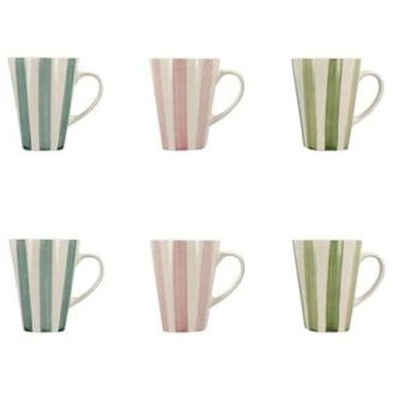 Lot 6 mugs arlequin 36cl en gres blanc rayures couleurs assorties