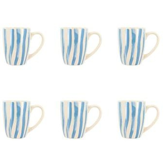 Lot 6 mugs corfu 38cl en gres blanc avec des rayures bleues