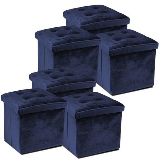 Lot 6 pouf de rangement pliable,tabouret en velours coloris bleu avec couvercle amovible-Longueur 38 x Profondeur 38 x Hauteur 38
