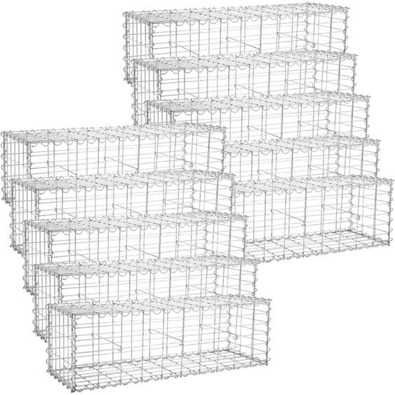 Lot de 10, Gabion pour Pierre, Argent, cloture gabion, Cage en Métal, Mur, Décoration de Jardin, 100 x 30 x 30cm, GGB033
