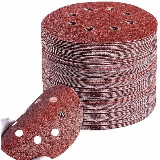 Coavas - Lot de 100 Disques Ponçage Papier Abrasifs 125 mm 8 Trous Circulaire Sablé Grain p60/80/100/120/240 Disque Abrasif pour Ponceuse Excentrique