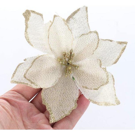 Lot de 12 fleurs artificielles pour sapin de Noël à paillettes, dorées, 13 cm