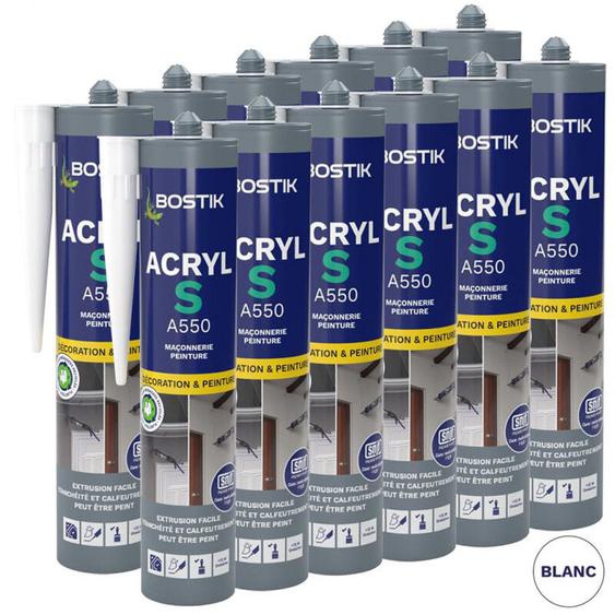 Bostik - Lot de 12 Mastics détanchéité acryl s A550 310ml (Blanc, Gris ou Brun) Couleur: Blanc