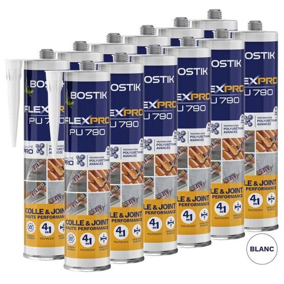 Lot de 12 Mastics polyuréthane multi-usages FLEXPRO PU790 300ml (Blanc, Gris, Brun, Noir ou Beige) BOSTIK - Couleur: Gris