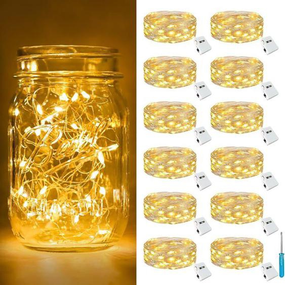 Lot de 12 Mini Guirlande LED à Pile,2M 20LED 3 Modes Pile,IP65 Étanche Petite Guirlande Lumineuse Led Interieur,Blanc Chaud