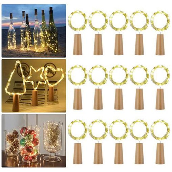 Lot de 15 guirlandes lumineuses LED 2 m 20 LED à piles avec bouchon pour fête, décoration de Noël, mariage (blanc chaud
