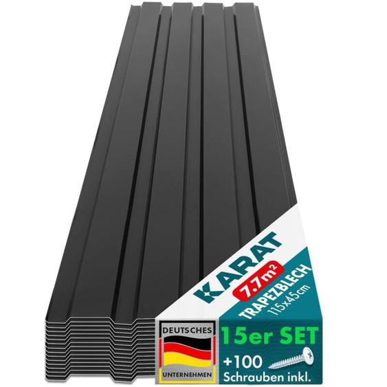 Karat - 15 Tôles de Toiture Métallique Trapézoïdales - Fixations Incluses, 115 x 45 cm, Noir