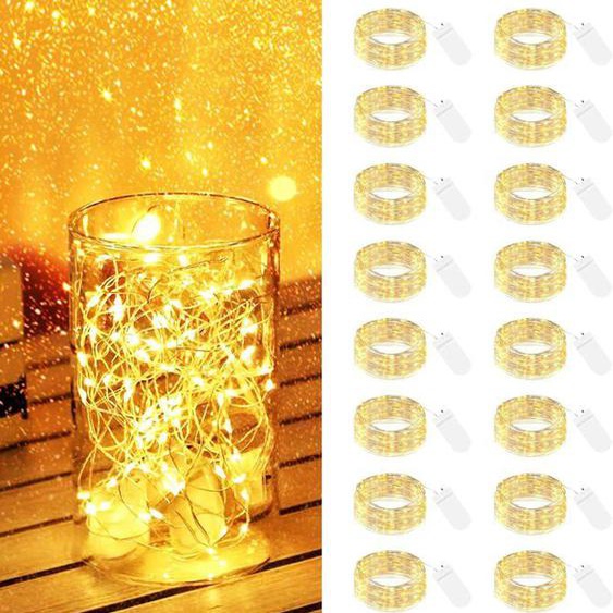 Lot de 16 Guirlande Lumineuse à Pile,2m 20 LED Guirlande Lumineuse Étanches Fil dargent Guirlande Lumineuse Intérieure,Blanc Chaud