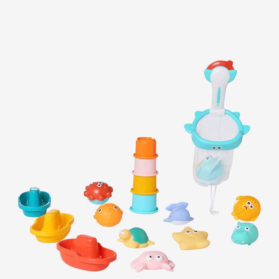 Lot de 16 jouets de bain avec panier multicolore