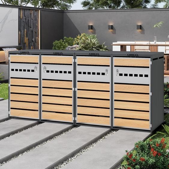 Lot de 2 abris pour poubelles Merax avec couvercle rabattable et 2 compartiments, habillage verrouillable pour poubelles aspect bois et acier, pour le jardin et lextérieur