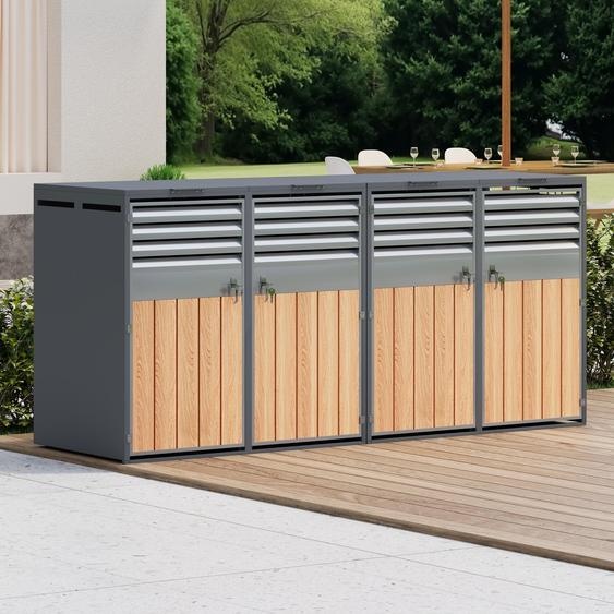 Lot de 2 abris pour poubelles Merax avec couvercle rabattable, habillage pour poubelles avec fentes daération et aspect bois, 2 compartiments, abri pour poubelles verrouillable pour le jardin