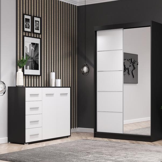 lot de 2 armoires à portes coulissantes Armoire avec miroir noir/blanc 120cm Neomi 05 avec commode 135cm FRIDA 01