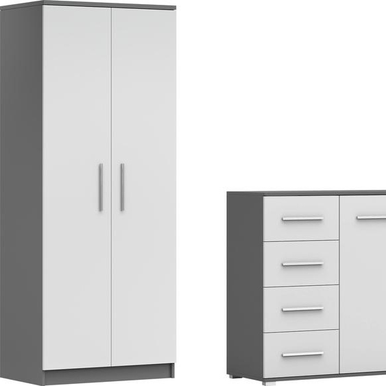 lot de 2 armoires à portes coulissantes Armoire sans miroir 80cm OMEGA 2D avec commode 135cm FRIDA 01 Gris/Blanc