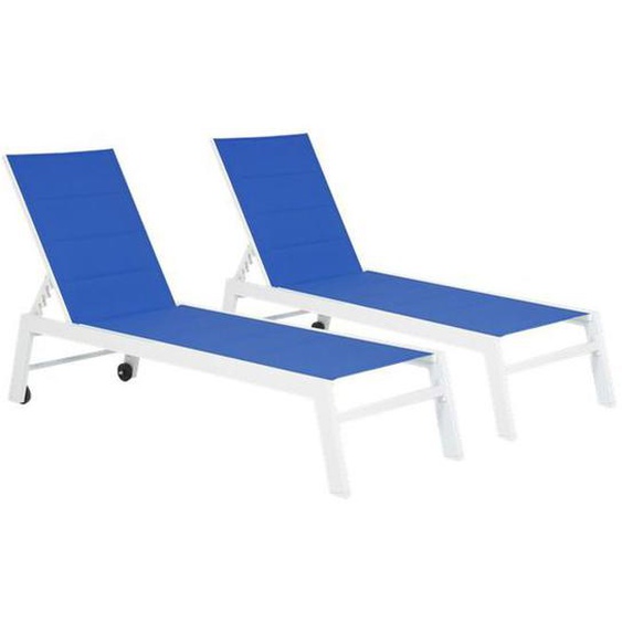 Lot de 2 bains de soleil - HAPPY GARDEN - BARBADOS - Aluminium blanc - Textilène bleu - Pour 2 personnes