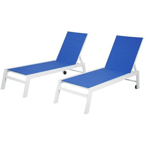Lot de 2 bains de soleil - HAPPY GARDEN - BARBADOS - Aluminium blanc - Textilène bleu - Pour 2 personnes