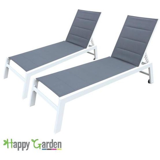 Lot de 2 bains de soleil - HAPPY GARDEN - BARBADOS - Textilène gris - Aluminium blanc