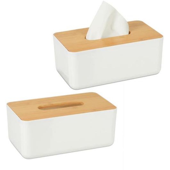 Boîte à mouchoirs, lot de 2, Distributeur lingettes salle de bains, plastique, bambou, HLP 10 x 23 x 13 cm, blanc/nature