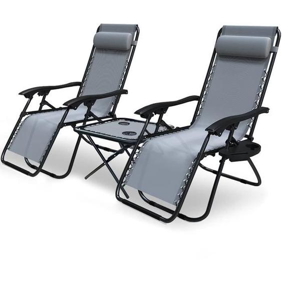 Lot de 2 Chaise Longue Inclinable + Table Pliable en Textilène Tête Rembourrée Jardin Piscine