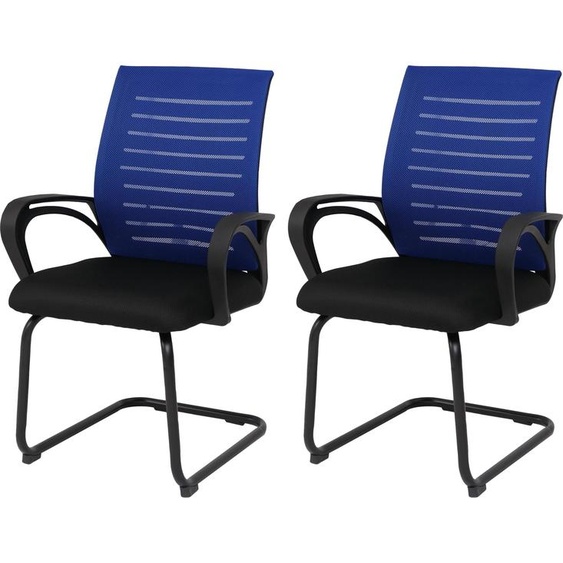 Lot de 2 chaises de conférence HWC-K51, chaise visiteur à piètement luge, tissu/textile (250 g/m²) ~ bleu, structure noire
