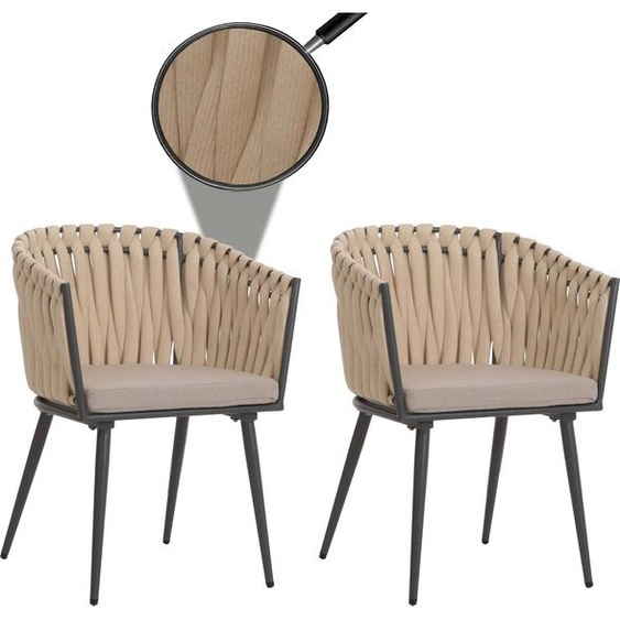 lot de 2 chaises de jardin en aluminium HWC-N38, chaise dextérieur avec accoudoirs, olefin corde tressée Rope ~ crème Coussin marron clair