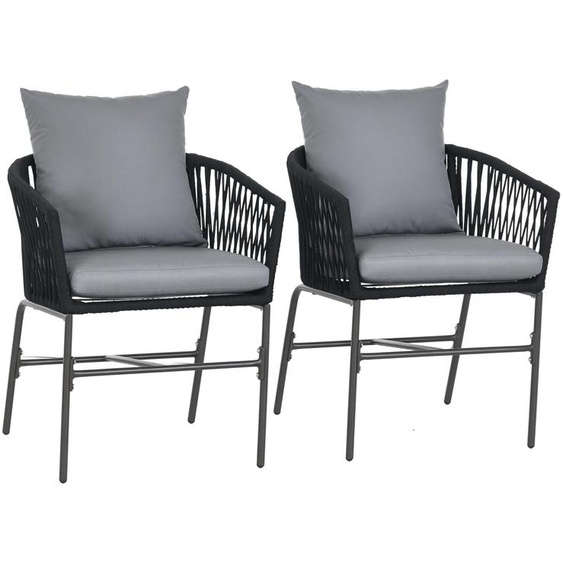 Lot de 2 chaises de jardin style bohème, 57 x 60 x 71 cm, noir, cordes tressées à la main, coussins lavables, structure en acier thermolaqué