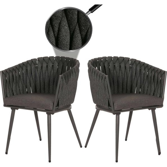 lot de 2 chaises de salle à manger en aluminium HWC-N38, chaise dintérieur avec accoudoirs, corde tressée en oléfine ~ anthracite Coussin gris foncé
