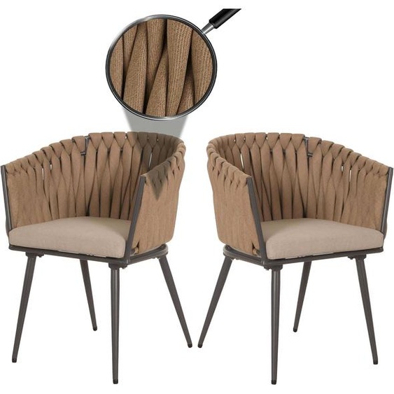 lot de 2 chaises de salle à manger en aluminium HWC-N38, chaise dintérieur avec accoudoirs, corde tressée en oléfine ~ beige Coussin marron clair