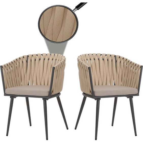 lot de 2 chaises de salle à manger en aluminium HWC-N38, chaise dintérieur avec accoudoirs, corde tressée en oléfine ~ crème Coussin marron clair