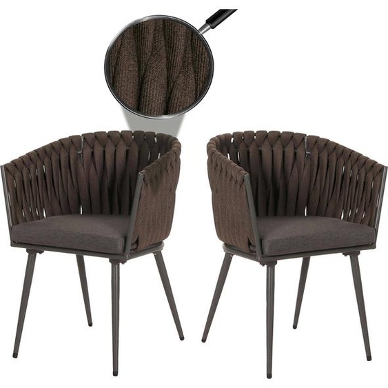 lot de 2 chaises de salle à manger en aluminium HWC-N38, chaise dintérieur avec accoudoirs, corde tressée en oléfine ~ marron Coussin gris foncé