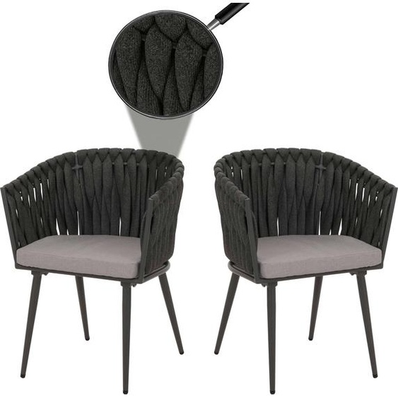 lot de 2 chaises de salle à manger en aluminium HWC-N38, chaise dintérieur avec accoudoirs, olefin corde tressée Rope ~ anthracite Coussin gris clair