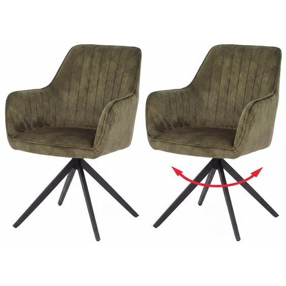 Lot de 2 chaises de salle à manger HWC-L79, chaise de cuisine avec accoudoirs pivotants et retour automatique, velours 440 g/m² ~ aspect daim vert olive