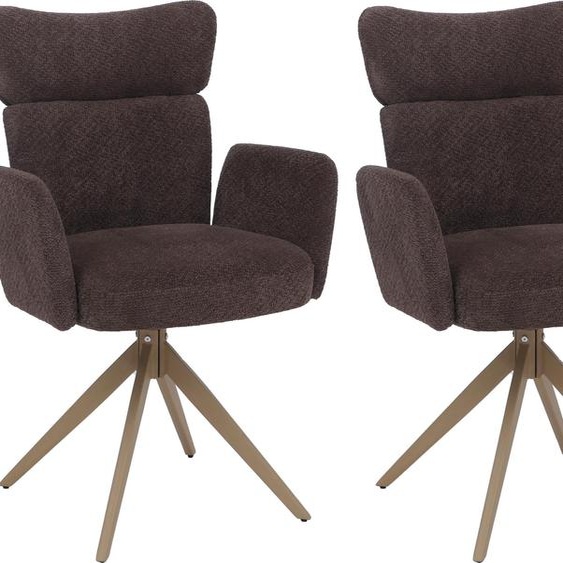 lot de 2 chaises de salle à manger HWC-N11, chaise, pivotante Auto-Return Tissu Bouclé 350g/m² Öko-Tex ~ brun foncé, pieds imitation bois