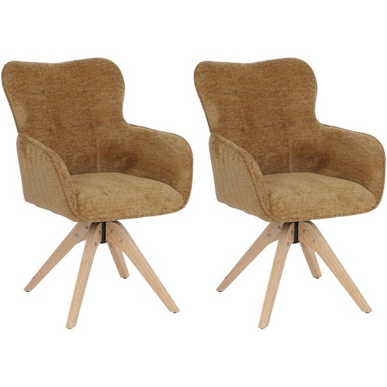 Lot de 2 chaises de salle à manger HWC-Q35, chaise de cuisine avec accoudoirs pivotants et retour automatique, tissu chenille (680 g/m²) et bois MVG ~ jaune moutarde