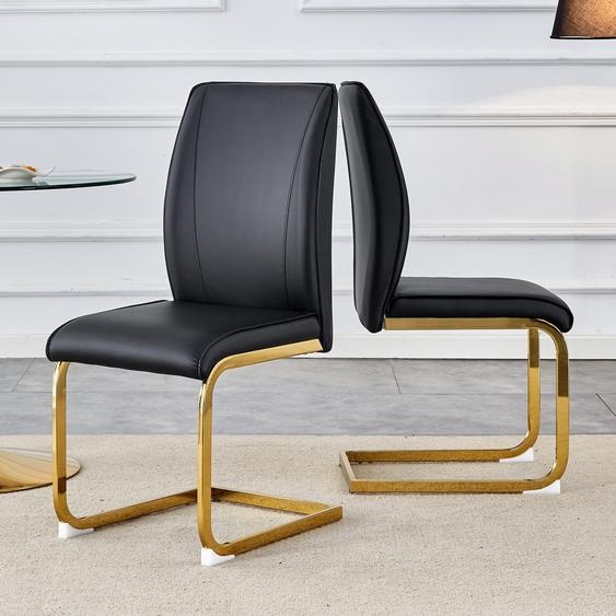 Lot de 2 chaises de salle à manger, noires et dorées, en polyuréthane (PU), ergonomiques, en métal, de style moderne et minimaliste, avec assise rembourrée, de couleur noire