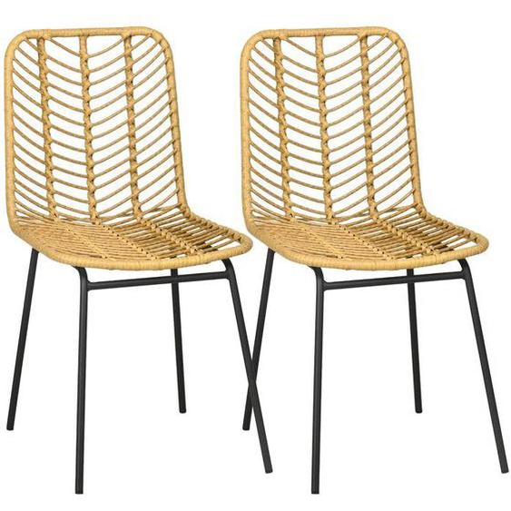 Lot de 2 Chaises en Résine Tressée Jaune - Imitation Rotin - Piètement Métal - Design Bohème - Chaise de Salle à Manger Salon