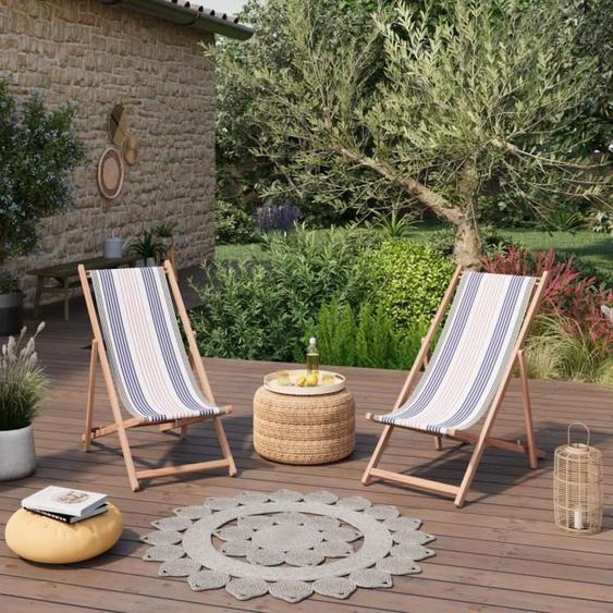 Lot de 2 chiliennes pliantes réglables - 100 % acrylique - bois hêtre - toile amovible - bleu - ADRY