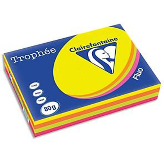 Lot de 2 - CLAIREFONTAINE Ramette 4x125F papier couleur Trophée 80g A3 assortis fluo Rose,Jaune,vert,Orange
