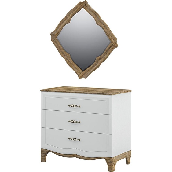 Lot de 2 : commode à tiroirs Tiffanie et miroir mural, blanc et chêne Provence (18350)