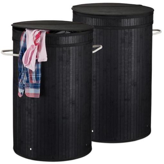 Panier à linge bambou, lot de 2, pliable, Corbeille à linge ronde, 65 L, Sac à linge, Ø 40 cm, noir