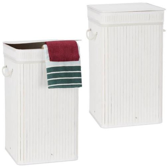Corbeille à linge pliable, lot de 2, Bambou, avec anse, 70 litres, couvercle, HxlxP 63 x 36 x 36 cm, blanc