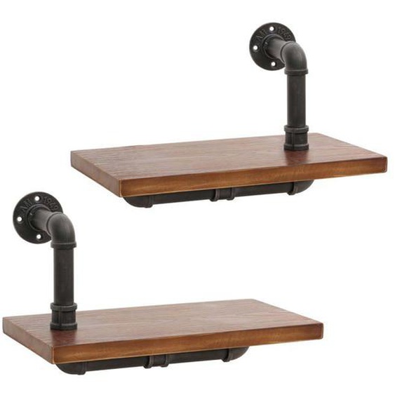 Lot de 2 etageres murales suspendues design industriel acier et bois marron 29x45x25 cm 04_0007482